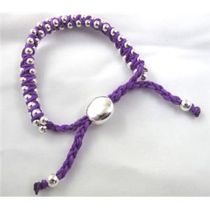 Fashion Bracelets, resizable, nylon and copper bead, purple, 8mm dia, approx 25cm length