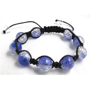 crackle Crystal Glass Bracelet, resizable, blue, 12mm bead, 8 inch length