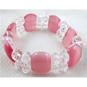 stretchy Bracelet with Chinese crystal beads, cat eye beads, pink, 60mm dia, cat inchs bead:12.5x17.5mm, glass:8mm