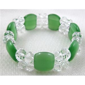 stretchy Bracelet with Chinese crystal beads, cat eye beads, green, 60mm dia, cat inchs bead:12.5x17.5mm, glass:8mm