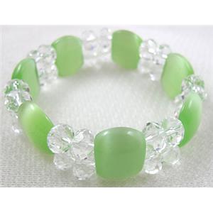stretchy Bracelet with Chinese crystal beads, cat eye beads, lt.green, 60mm dia,cat inchs bead:12.5x17.5mm, glass:8mm