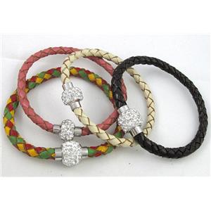 bracelet with leather cord, rhinestone Magnetic Clasp, mixed, approx 4mm dia, 21cm length