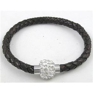 bracelet with leather cord, rhinestone Magnetic Clasp, black, approx 4mm dia, 21cm length