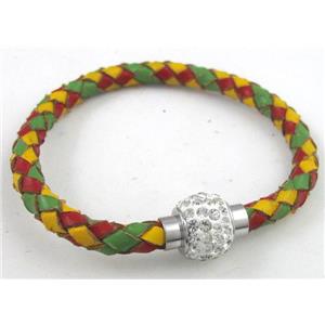bracelet with leather cord, rhinestone Magnetic Clasp, rainbow, approx 6mm dia, 21cm length