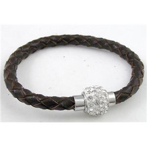 bracelet with leather cord, rhinestone Magnetic Clasp, coffee, approx 6mm dia, 21cm length