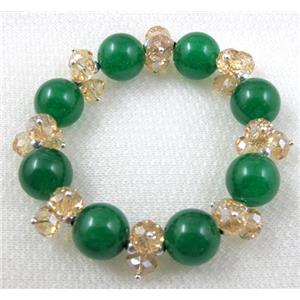 stretchy Bracelet with Chinese crystal beads, jade beads, green, 60mm dia, jade bead:14mm, glass:8mm