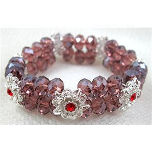 stretchy Bracelet with Chinese crystal beads, purple, 60mm dia, glass bead:8mm, flower:14mm