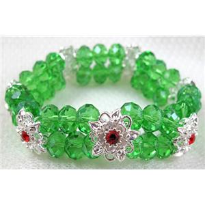 stretchy Bracelet with Chinese crystal beads, green, 60mm dia, glass bead:8mm, flower:14mm