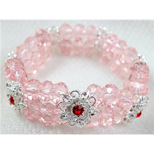 stretchy Bracelet with Chinese crystal beads, pink, 60mm dia, glass bead:8mm dia,flower:14mm
