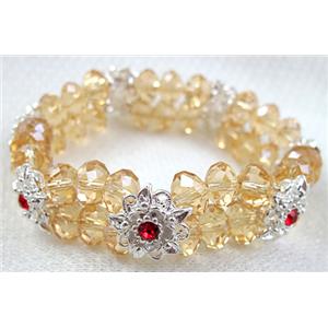 stretchy Bracelet with Chinese crystal beads, champagne, 60mm dia, glass bead:8mm dia,flower:14mm