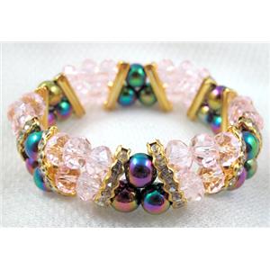Chinese Crystal Beads Bracelet, stretchy, rhinestone, magnetic hematite, pink, 60mm dia,glass:8mm,Hematite bead:8mm
