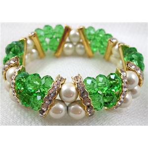 Chinese Crystal Beads Bracelet, stretchy, rhinestone, magnetic hematite, green, 60mm dia,glass:8mm,Hematite bead:8mm
