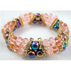 Chinese Crystal Beads Bracelet, stretchy, rhinestone, magnetic hematite, 60mm dia,glass:8mm,Hematite bead:8mm