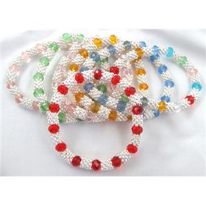 mixed Chinese Crystal Glass Bracelet, stretchy, 8mm dia, 7 inch(19cm) length