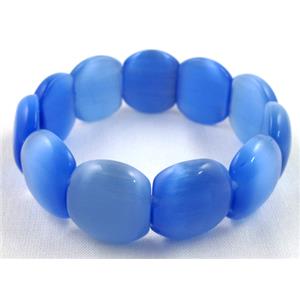 cat eye stone bracelet, stretchy, blue, 18x20mm, 8 inch length