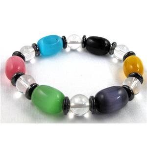 cat eye stone bracelet, stretchy, colorful, 12x16mm, 10mm, 8 inch length