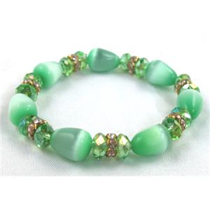 cat eye stone bracelet, stretchy, green, 10x12mm,8 inch length