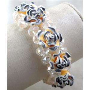 fimo clay bracelet with crystal glass, stretchy, yellow, black, 23mm wide, flower:16mm, approx 7 inch length
