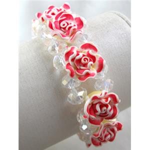 fimo clay bracelet with crystal glass, stretchy, red, 23mm wide, flower:16mm, approx 7 inch length