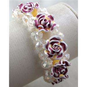 fimo clay bracelet with crystal glass, stretchy, 23mm wide, flower:16mm, approx 7 inch length