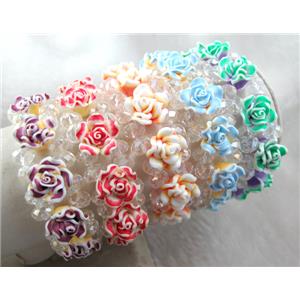 fimo clay bracelet with crystal glass, stretchy, mixed color, 23mm wide, flower:16mm, approx 7 inch length
