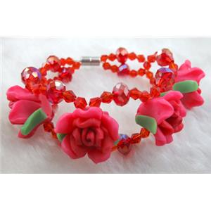 fimo clay bracelet with crystal glass, red, flower:20mm, approx 7 inch length