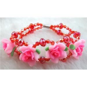fimo clay bracelet with crystal glass, pink, flower:20mm, approx 7 inch length
