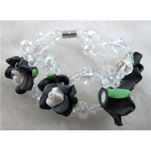 fimo clay bracelet with crystal glass, black, flower:20mm, approx 7 inch length