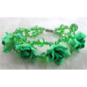 fimo clay bracelet with crystal glass, green, flower:20mm, approx 7 inch length