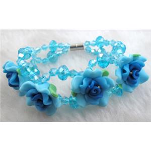 fimo clay bracelet with crystal glass, blue, flower:20mm, approx 7 inch length