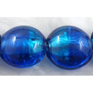 dichromatic lampwork glass beads with foil, flat-round, blue, 16-17mm dia