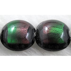 dichromatic lampwork glass beads with foil, flat-round, green, purple, 16-17mm dia