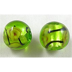 glass lampwork beads with silver foil, line, round, green, 12mm dia