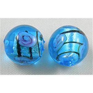 glass lampwork beads with silver foil, line, round, blue, 12mm dia