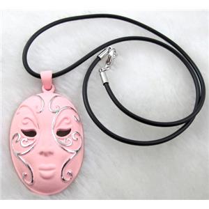 lacquered mask Necklace, alloy, rubber cord, 32x55mm, 16 inch length