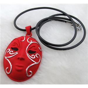 red lacquered mask Necklace, alloy, rubber cord, 32x55mm, 16 inch length