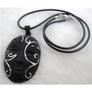 lacquered mask Necklace, alloy, rubber cord, black, 32x55mm, 16 inch length