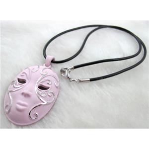 pink lacquered mask Necklace, alloy, rubber cord, 32x55mm, 16 inch length