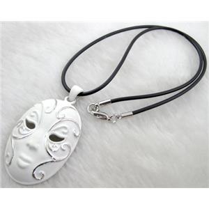 lacquered mask Necklace, alloy, rubber cord, white, 32x55mm, 16 inch length