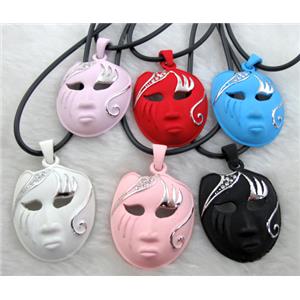 lacquered mask Necklace, alloy, rubber cord, mixed, 30x42mm, 16 inch length