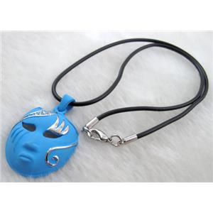 lacquered mask Necklace, alloy, rubber cord, blue, 30x42mm, 16 inch length