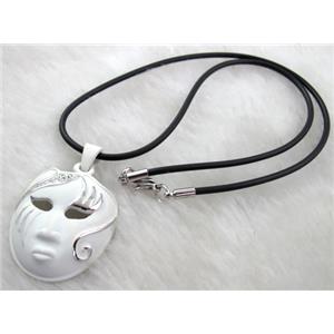 lacquered mask Necklace, alloy, rubber cord, white, 30x42mm, 16 inch length
