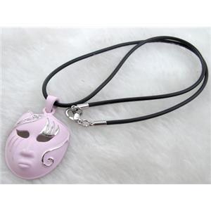 lacquered mask Necklace, alloy, rubber cord, pink, 30x42mm, 16 inch length