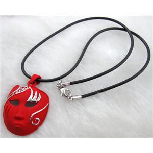 lacquered mask Necklace, alloy, rubber cord, red, 30x42mm, 16 inch length