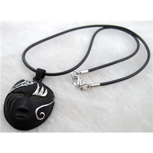 lacquered mask Necklace, alloy, rubber cord, black, 30x42mm, 16 inch length