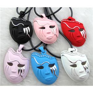 lacquered mask Necklace, alloy, rubber cord, mixed, 30x42mm, 16 inch length