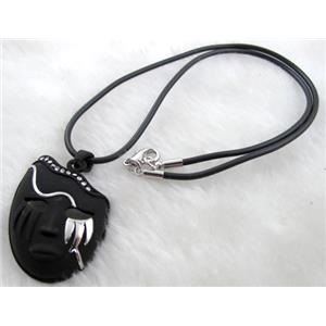 black lacquered mask Necklace, alloy, rubber cord, 30x42mm, 16 inch length