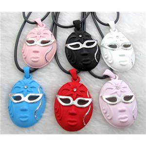 lacquered mask Necklace, alloy, rubber cord, mixed, 28x45mm, 16 inch length