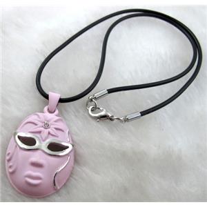 lacquered mask Necklace, alloy, rubber cord, pink, 28x45mm, 16 inch length