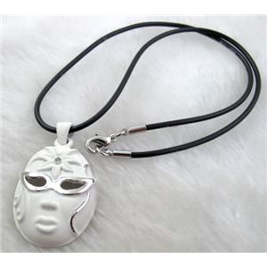 lacquered mask Necklace, alloy, rubber cord, white, 28x45mm, 16 inch length